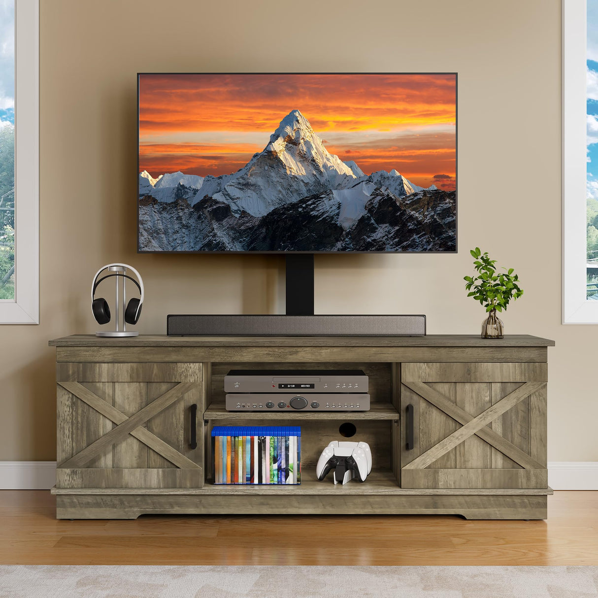 YITAHOME Farmhouse TV Stand with Mount, Sturdy TV Stand Mount for 32/45/55/60/65/70 inch TVs, Entertainment Center with Adjustable Shelf, TV Cabinet Media Console for Living Room, Grey YITAHOME