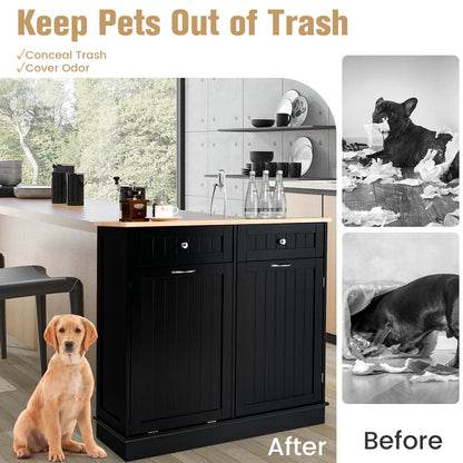 SILKYDRY Tilt-Out Trash Cabinet & Kitchen Island with Adjustable Shelf and Drawers - Black