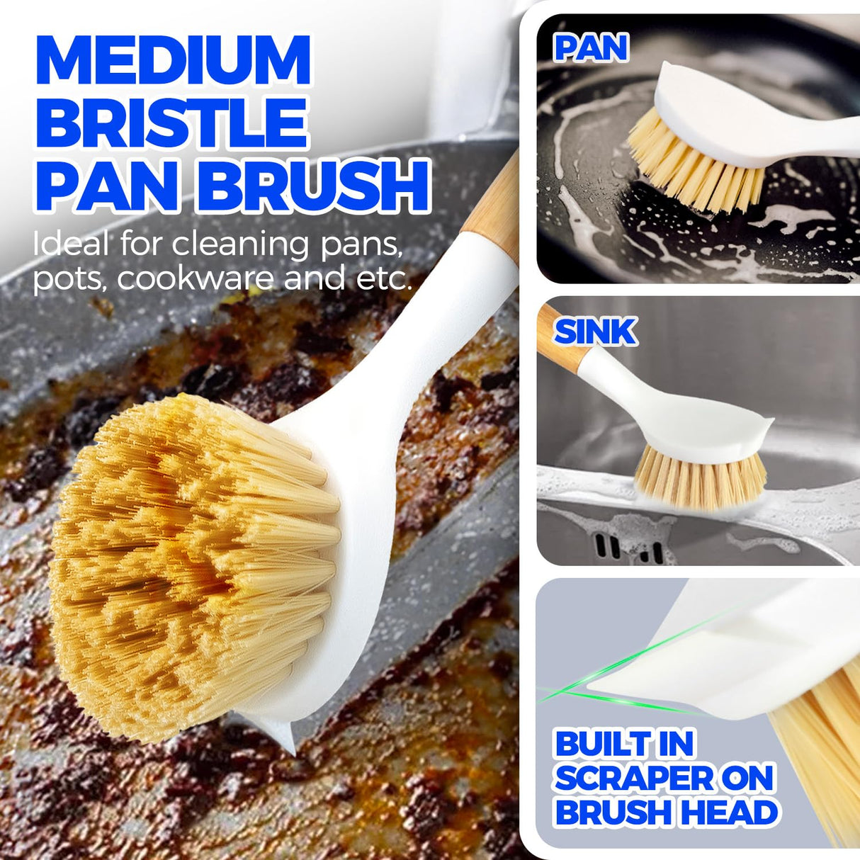 Holikme 3 Pack Dish Brush Set with Bamboo Handle, Kitchen Cleaner for Cleaning Pot, Sink and Stove, Skillet Scrubber with Tough Bristles for Cast Iron Grill Pan, Yellow White Black Holikme