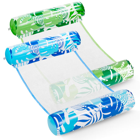 SLOOSH 2 Packs Tropical Leaves Hammock Pool Floats Adults, 4-in-1 Multi-Purpose Inflatable Pool Floats PVC Water Hammock Lounge Floaties (Blue&Green) Sloosh