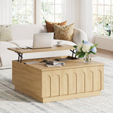 FORTUNETEC Lift Top Coffee Table with Storage, Modern Coffee Table with Arched Design, 31.5" Square Tea Table with Wood Grain, Boho Multifunctional Center Table for Living Room, Office, Oak