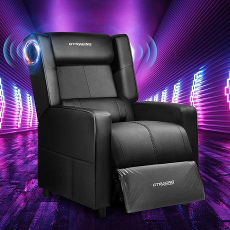 GTRACING Gaming Recliner Chair with Bluetooth Speakers Racing Style Single Gaming Sofa Modern Living Room Recliners Ergonomic Comfortable Massage Home Theater Seating, Black GTRACING