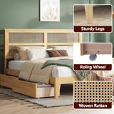 HRVEOCEI Boho Bed Frame King with Rattan Headboard, Rattan Bed Frame& King Beds Frames with Wood Legs, Solid Wood Beds Frames with Storage Underneath,Easy Assembly (White Oak, Kings) HRVEOCEI