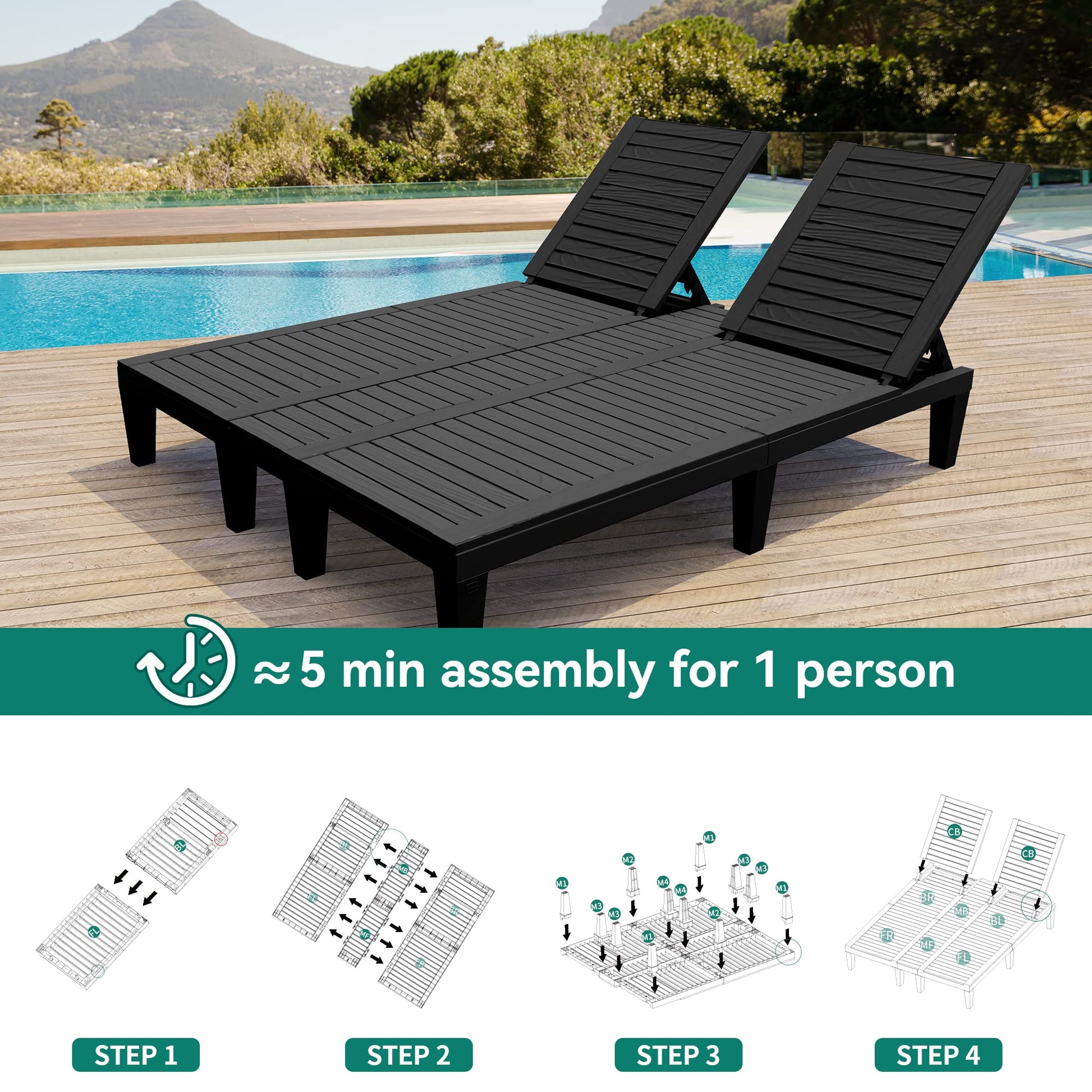 YITAHOME Pool Lounge Chairs Set, 2-in-1 Outdoor Chaise Lounge W/5-Position Backrest & 530lbs Weight Capacity, Sun Loungers for Garden Poolside Patio (Black) - WoodArtSupply