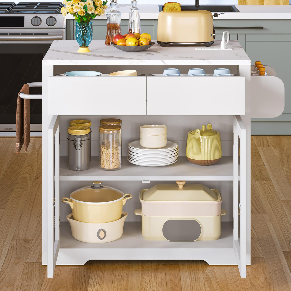 YITAHOME Rolling Kitchen Island with Seating and LED Lights, Mobile Storage Islands with Drop Leaf, Dining Table with Power Outlet, 2 Drawers and Soft Stools, Spice/Towel Rack, Marble Finish, White YITAHOME