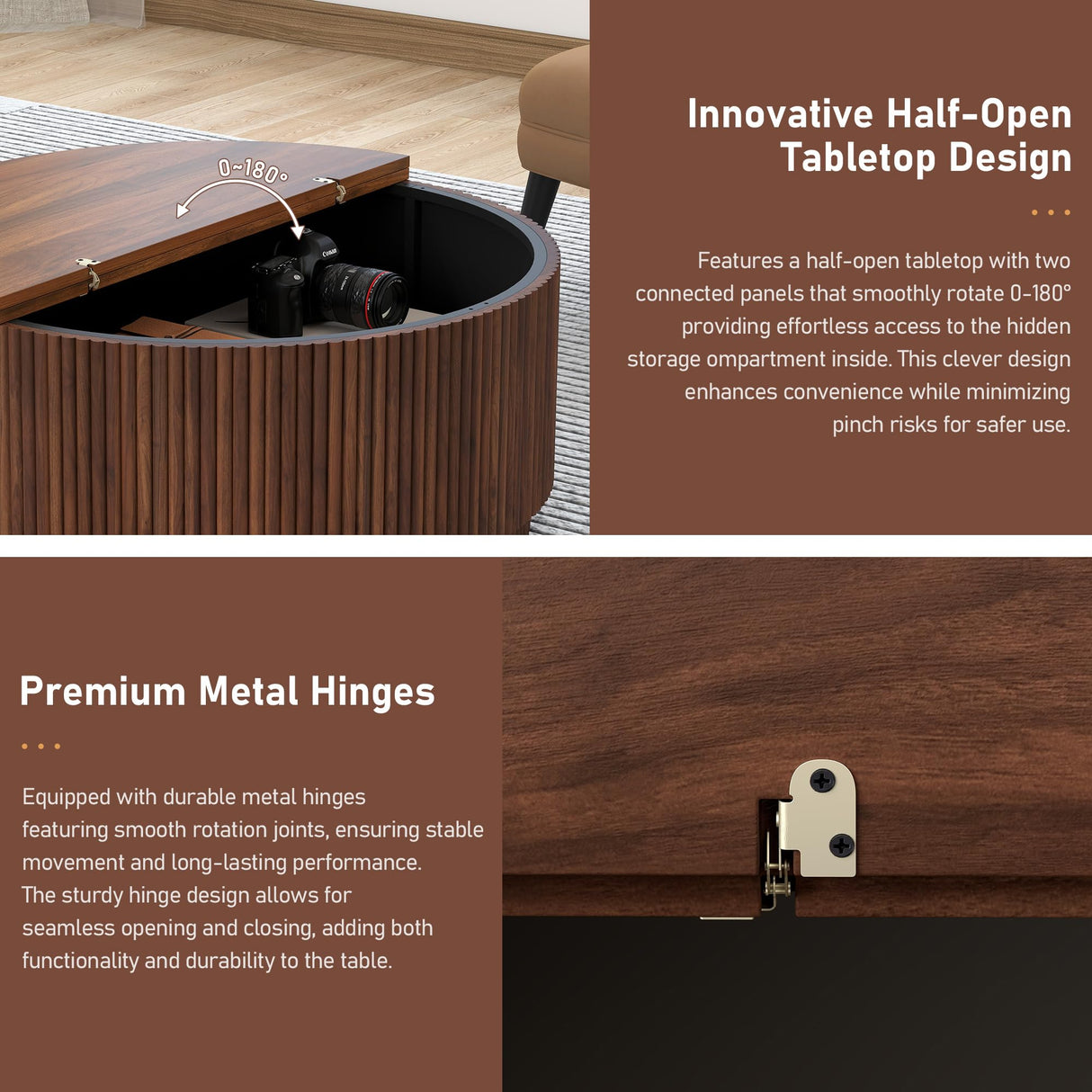 31.5" Round Coffee Table with Storage, Mid Century Modern Coffee Tables with Fluted Base, Wooden Circle Accent Center Table for Living Room Small Space Apartment Office (Walnut) LEVNARY