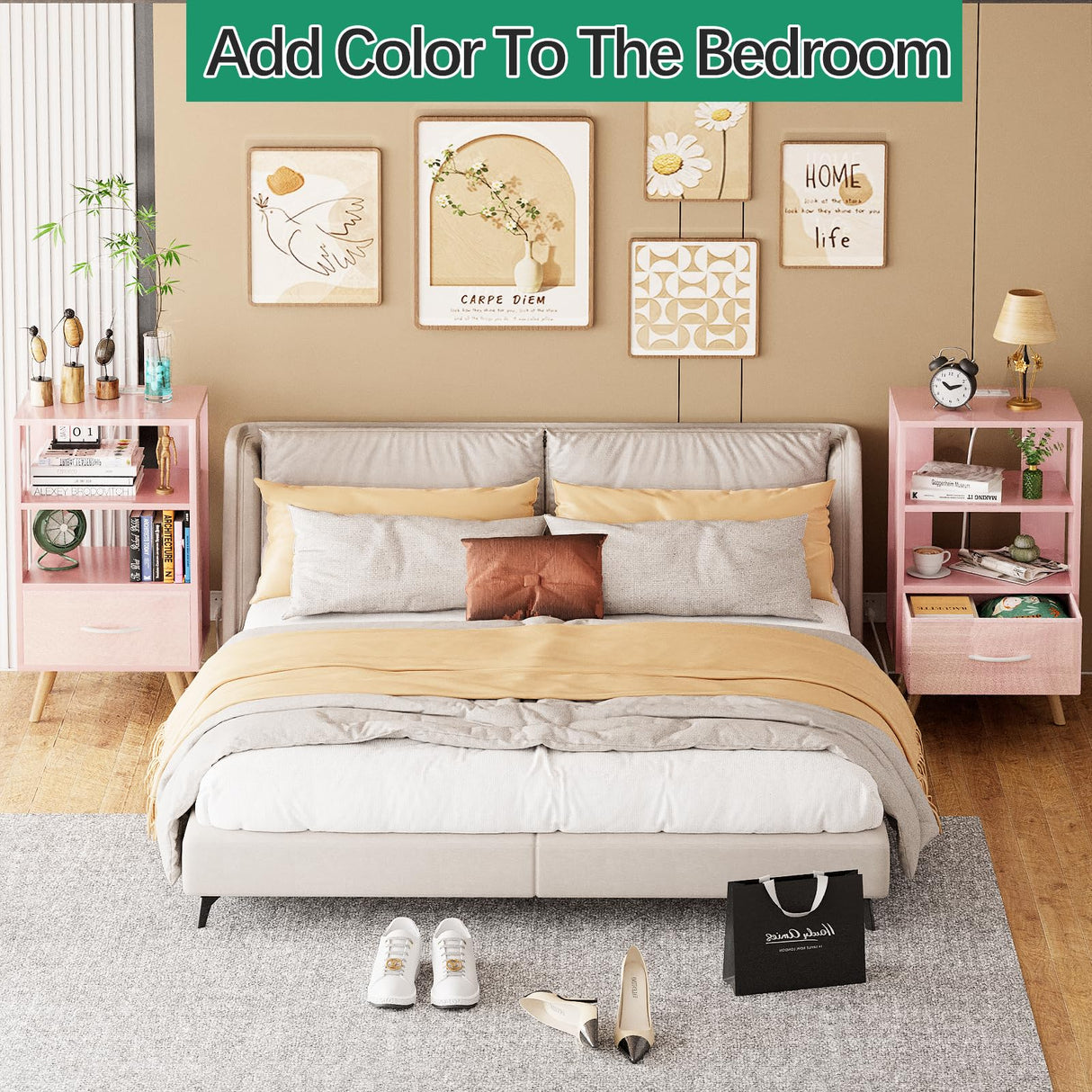 Aenuert Night Stand with Charging Station, Pink Kids Nightstand with Drawer, 3-Tier Nursery Bedside Table with USB Ports and Outlets, End Table for Small Space, Living Room, Bedroom Aenuert