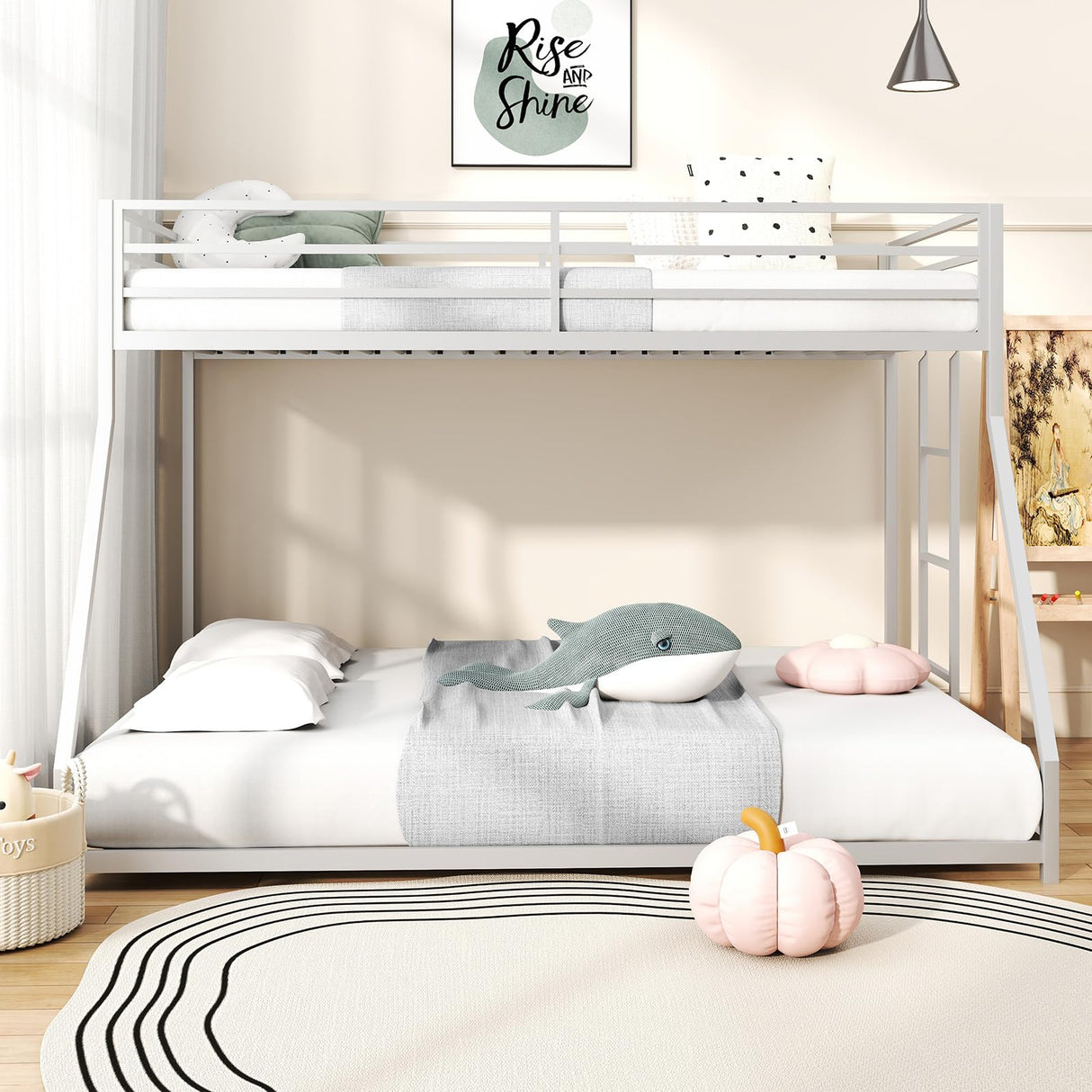 Zevemomo Twin Over Full Bunk Bed, Metal Low Profile Bunkbeds with Full-Length Guardrail and Ladder, Space Saving, No Boxing Spring Needed, White Zevemomo