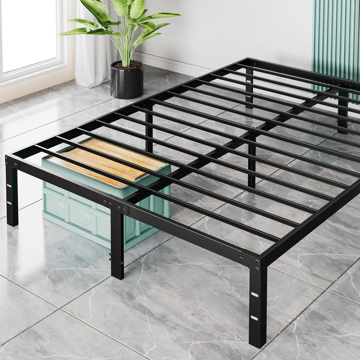 Sweetcrispy Bed Frame King - Heavy Duty No Box Spring Needed Metal Platform Bedroom Frames with Storage Space, 14 Inches High, Sturdy Steel Slat Support, Black Sweetcrispy