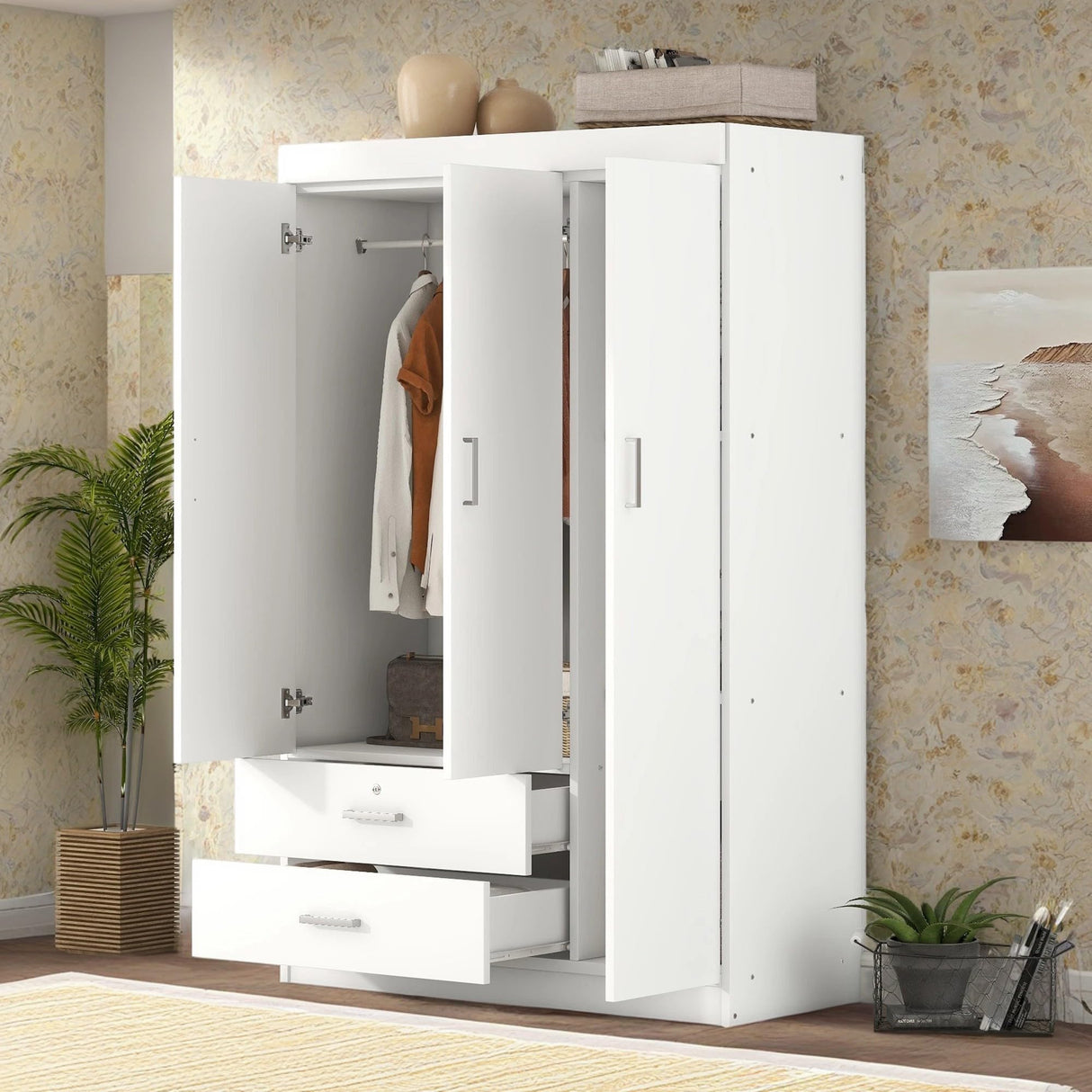 KELRIA Modern 3-Door Wardrobe with 2 Drawers, 3-Tier Storage-Cubes and Hanging Rail, Large Freestanding Armoire Wardrobe Closet, Clothes Storage Cabinet Organizer for Bedroom, White KELRIA