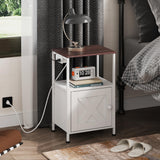WLIWLIVE End Table with Charging Station, Bed Side Table with Open Shelf and Cabinet, Farmhouse Night Stand, End Tables Living Room, Bedroom, Small Spaces, White and Greige WLIVE