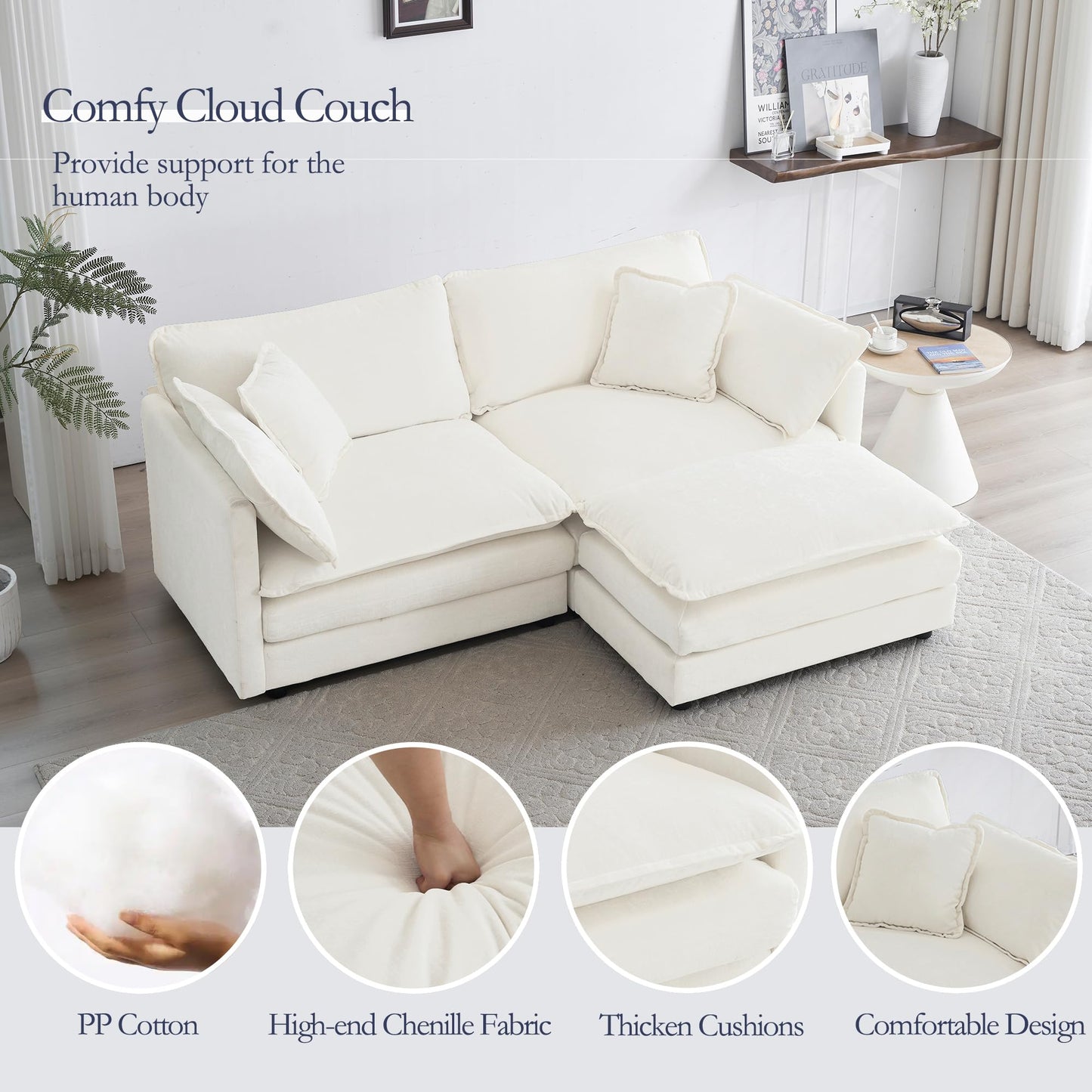 GNIXUU Deep Seat Sectional Sofa Cloud Couch with Ottoman, 76.7" Modern Chenille Comfy Love Seat Upholstered Modular L Shaped Couch for Living Room, Apartment, Office(Beige White).