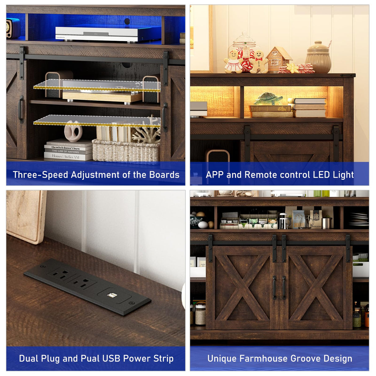 Hlivelood 61.5IN Farmhouse LED TV Stand for 65/70inch TV, Modern TV Stands for Living Room with RGB LED,TV Entertainment Center with Storage Cabinet/Sliding Barn Door,Sideboard Cabinet(Brown) Hlivelood