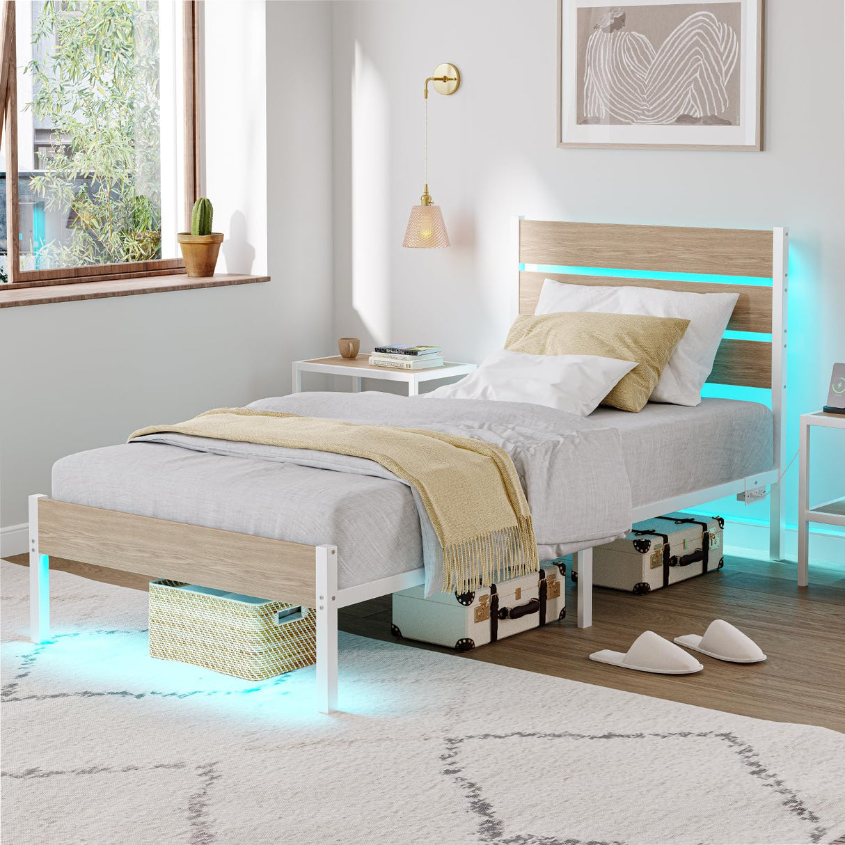 PUNICE Twin Size Bed Frame with Charging Station, LED Light Metal Bed Frame with Wooden Headboard, No Box Spring Required, No Noise, Easy Assembly, White PUNICE