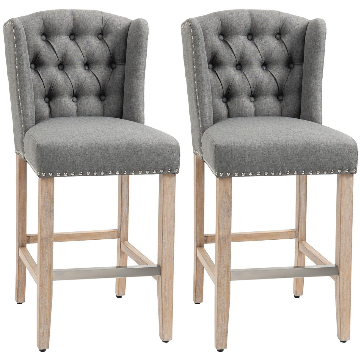 HOMCOM Counter Height Bar Stools Set of 2, 27" Seat Height Upholstered Barstools, Farmhouse Kitchen Island Stools with Nailhead-Trim, Tufted Back and Wooden Legs, Light Gray HOMCOM