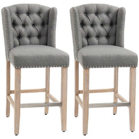 HOMCOM Counter Height Bar Stools Set of 2, 27" Seat Height Upholstered Barstools, Farmhouse Kitchen Island Stools with Nailhead-Trim, Tufted Back and Wooden Legs, Light Gray HOMCOM