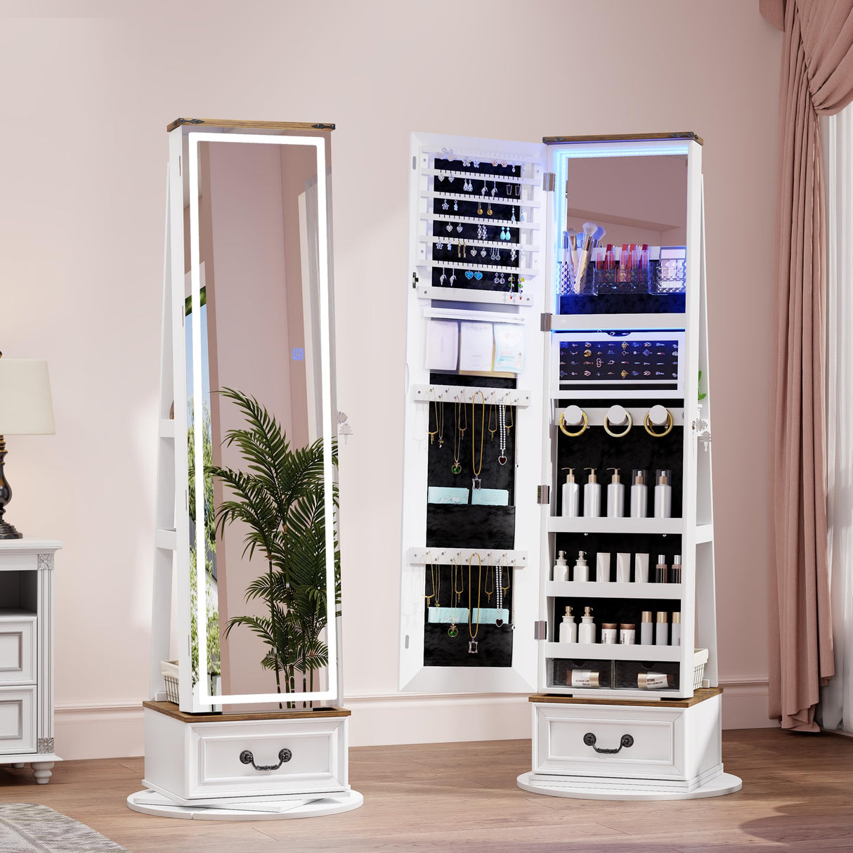 LVSOMT LED Mirror Jewelry Cabinet Standing, 360°Swivel Jewelry Armoire with Full Length Mirror, Mirror with Jewelry Storage and Large Wooden Drawer for Christmas Gifts (Farmhouse White) LVSOMT