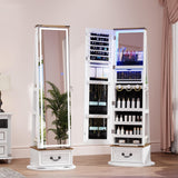 LVSOMT LED Mirror Jewelry Cabinet Standing, 360°Swivel Jewelry Armoire with Full Length Mirror, Mirror with Jewelry Storage and Large Wooden Drawer for Christmas Gifts (Farmhouse White) LVSOMT