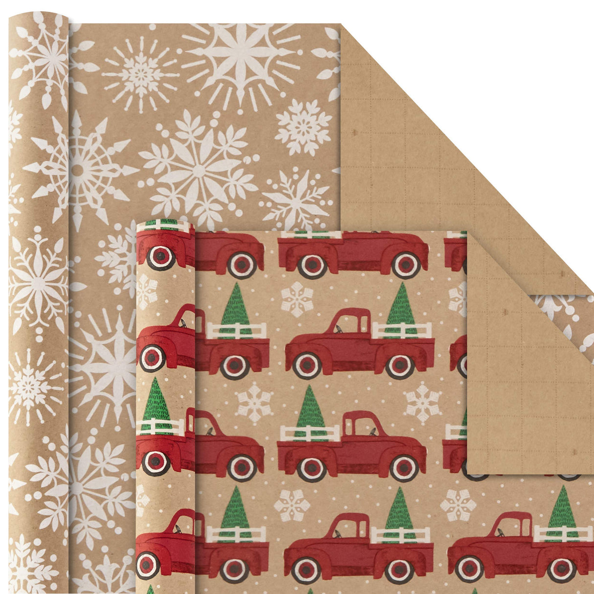 Hallmark Christmas Wrapping Paper Bundle with Cut Lines on Reverse, Kraft (Pack of 4, 88 sq. ft. ttl) Red Trucks, Snowflakes, Stripes, Merry Christmas (5JXW1038) Hallmark