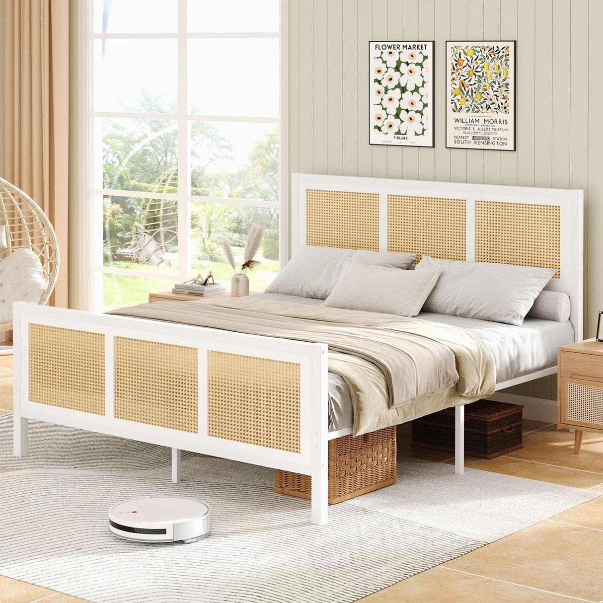 CHABUILDREARK Boho Bed Frame Full, Rattan Bed Frame with Natural Headboard, Metal Platform Bed Full Size with Strong Slats Support, No Box Spring Needed, Noise-Free, Easy Assembly, White CHABUILDREARK