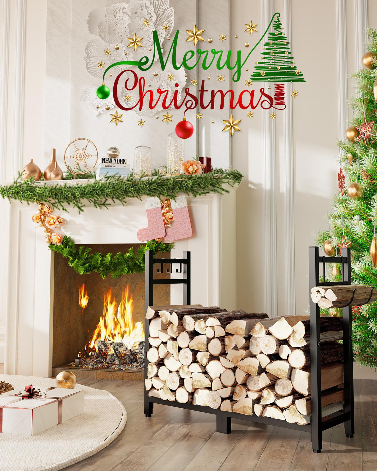 Brightown Firewood Rack Indoor with Log Carrier, 34inch Outdoor Wood Rack for Firewood,Fire Wood Storage with Kindling Hooks, Adjustable Pads, Heavy Brightown