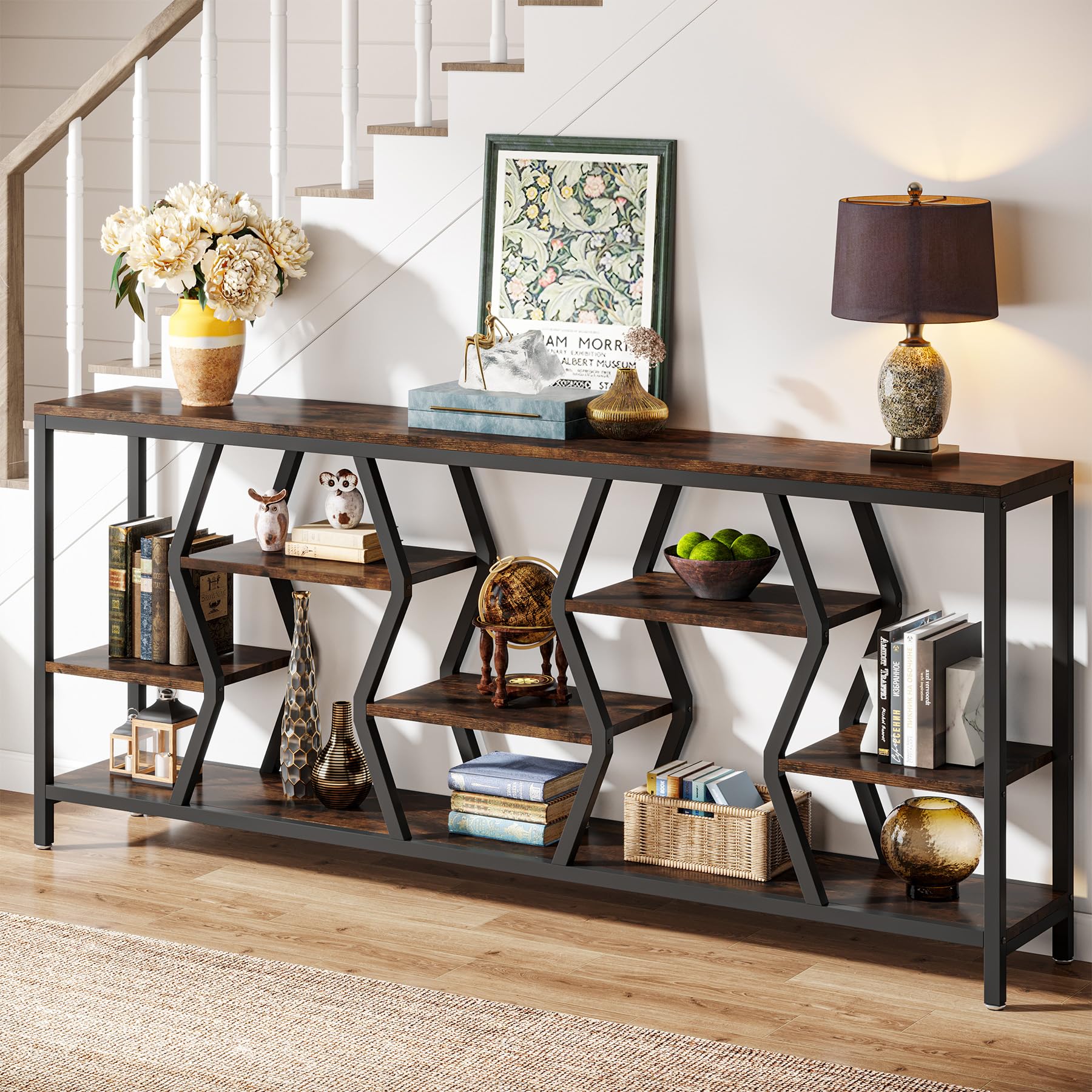 Tribesigns 70.9 Inches Sofa Console Table with 4 Tier Wood Storage Shelves, Industrial Extra Long Narrow Entryway Accent Tables for Hallway, Living Room, Foyer (Rustic Brown) - WoodArtSupply