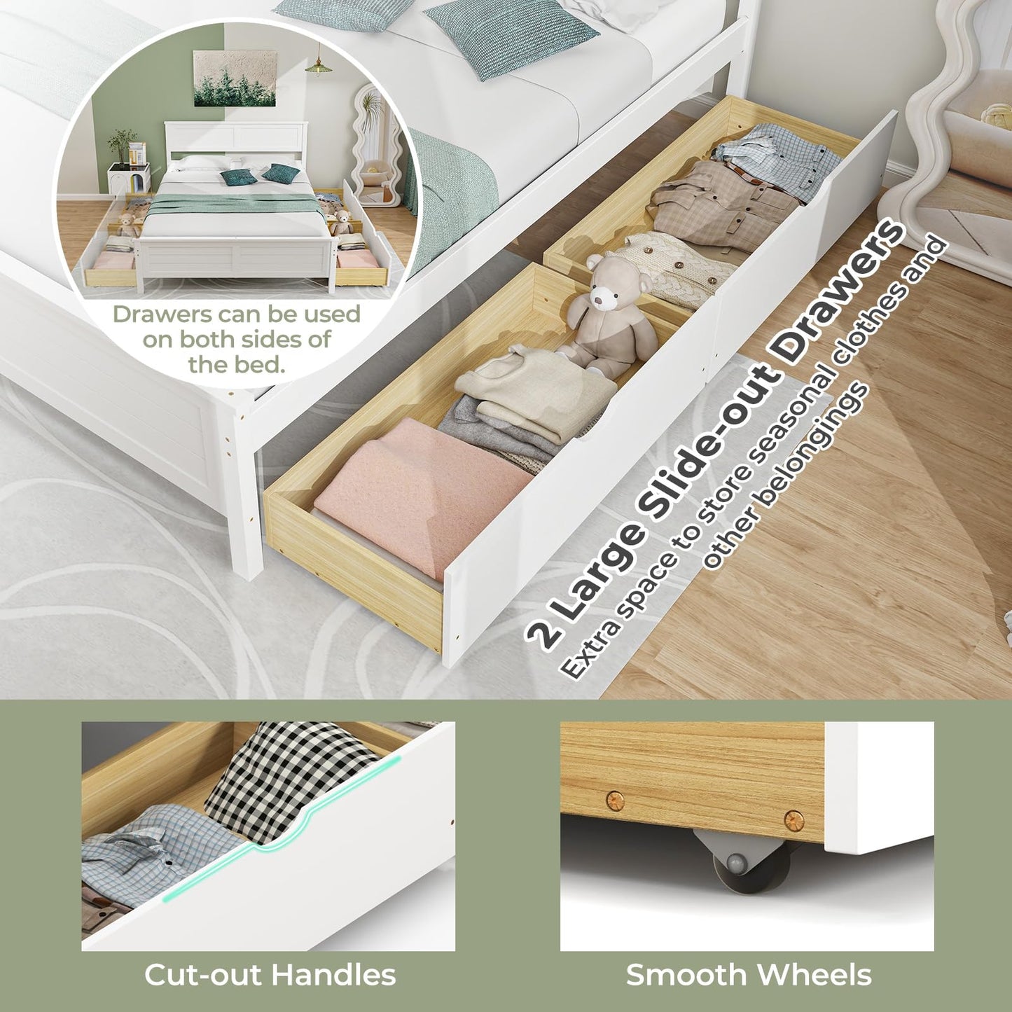 Giantex White Wood Full Size Bed Frame with 2 Storage Drawers and Headboard - WoodArtSupply