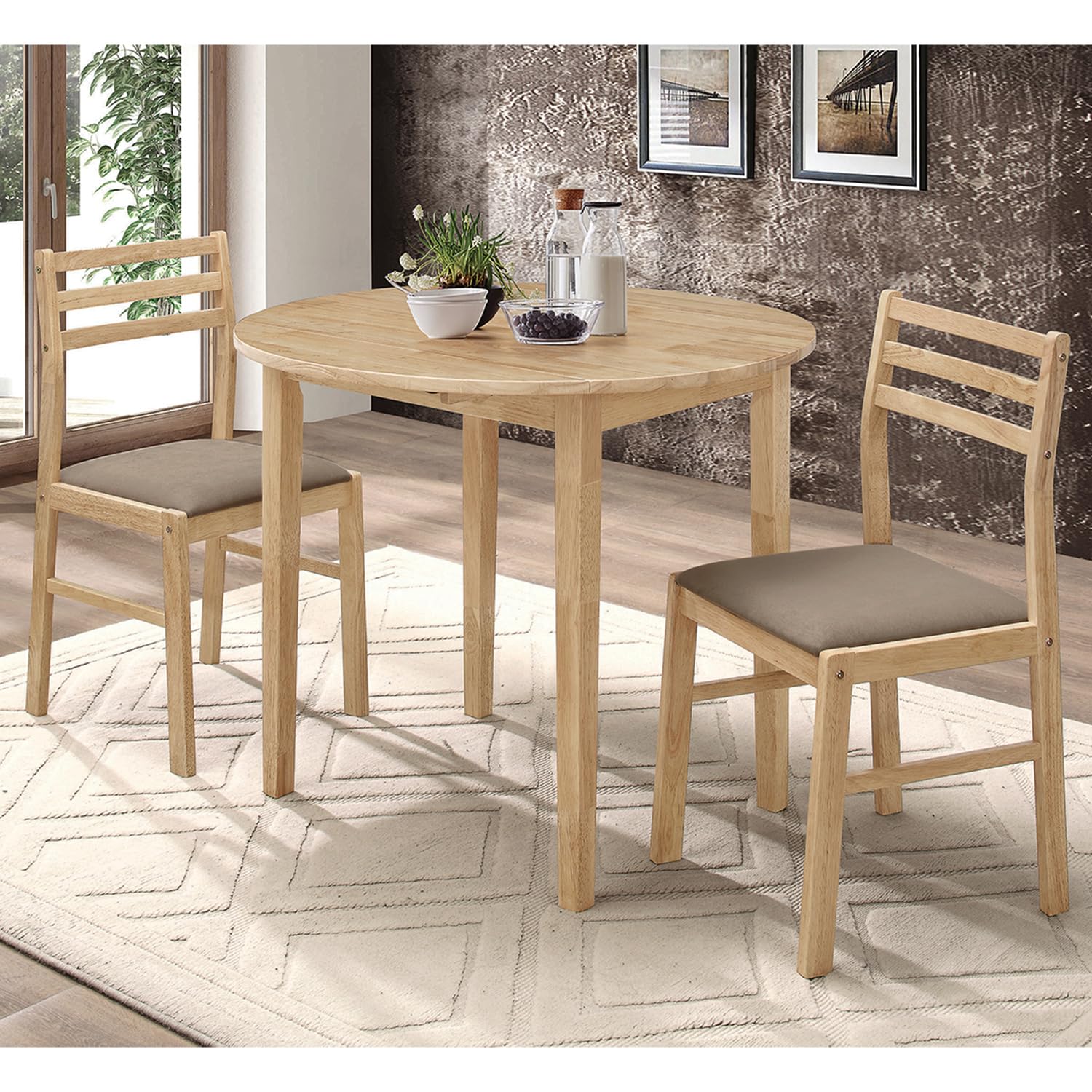 Coaster Home Furnishings 3-Piece Round Wood Dining Room Set Drop Leaf Extension Table Ladder Back Side Chairs Upholstered Seat Cushions Beige and Natural 130006 - WoodArtSupply