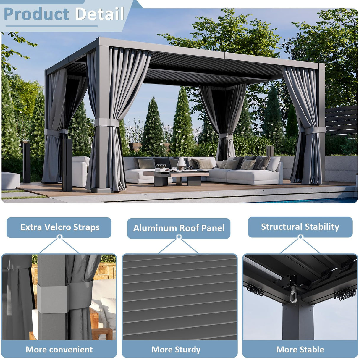 Aoxun Louvered Pergola 12' x 16' Outdoor Aluminum Pergola Adjustable Roof, with Waterproof Curtains and Nets, for Decks, Gardens, Gray Aoxun