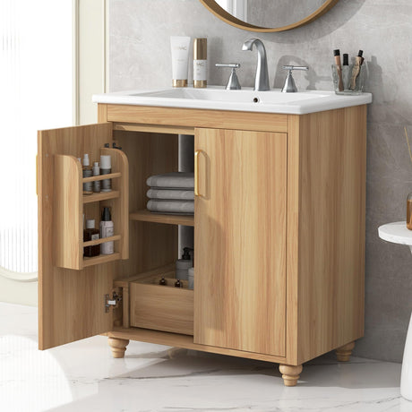 LUMISOL 30" Bathroom Vanity with Sink Combo, Wood Bathroom Storage Cabinet with 1 Drawer and 2 Doors, Multifunctional Racks, Solid Wood Bathroom Vanity with Ceramic Sink, Natural LUMISOL