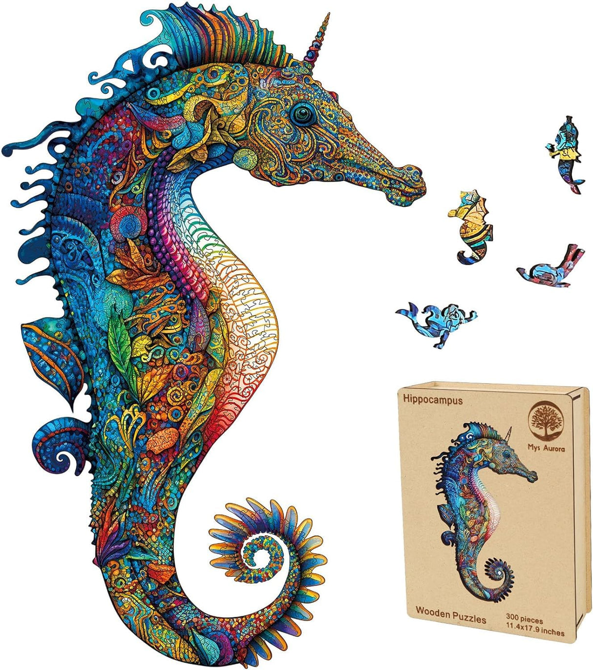 MYS Aurora Wooden Jigsaw Puzzles, Unicorn Seahorse Wood Puzzle 200 Pieces, Unique Shaped Wooden Puzzles for Adults and Kids, Family Game 8.5 x 13.4 Inches Mys Aurora