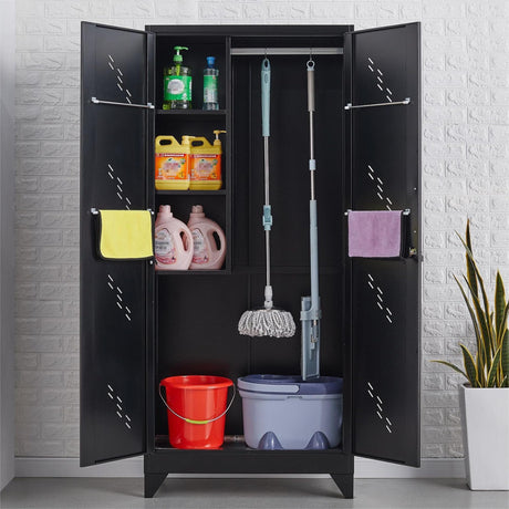 VASAAOSD 75" Metal Storage Cabinet, Tool Cabinet with Hooks, Garage Storage Cabinet with Lock, Heavy-Duty Tool Storage Cabinet for Utility Room, Gym, Basement, Broom Closet Cabinet, Black VASAAOSD