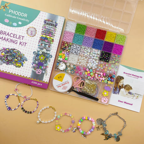 PHODDR 4300pcs Beads Bracelet Making Kit ，Beads for Jewelry Making Kit Supplies, Friendship Bracelet kit， Birthday Christmas Gifts for Girls Ages 5 6 7 8 9 10 11 12 Years Old PHODDR