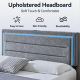 Queen Size Bed Frame with LED Lights and Charging Station, Chenille Upholstered Platform Queen Bed Frame with Headboard, No Box Spring Needed Bedframe, Noise Free, Easy Assembly, Gray Susalt