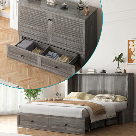 BALUS Murphy Queen Bed with Tri-Fold Mattress, Cabinet Beds with USB Ports & Large Storage Drawer, Wooden Cabinet Beds, Queen Hidden Bed for Living Room/Bedroom -Grey BALUS