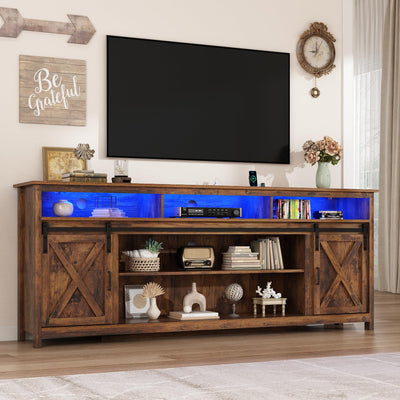 80" LED Farmhouse TV Stand for 90/85/80 Inch TVs,Tall Entertainment Center Storage Cabinets w/Power Outlets and Sliding Barn Door,Rustic TV Stands for Living Room,Media Console Cabinet (Brown)