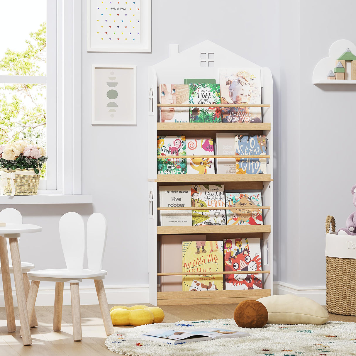 UTEX Kids Bookshelf Wall Mounted, 4-Tier Book Shelf Organizer, Tall Wooden Children's Bookcase, Storage Book Rack for Kids Room, Nursery, Bedroom, Living Room, White UTEX