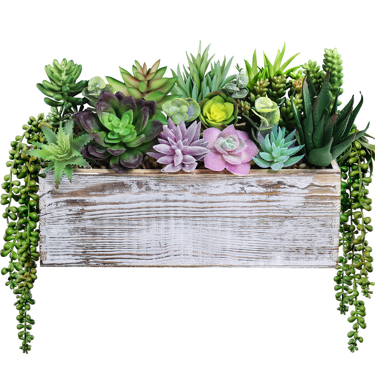 19 Pcs Assorted Artificial Succulents Fake Plants in Rectangular Wooden Pot Succulents Garden in Wood Planter Box Potted Succulents Plants Arrangement for Table Centerpiece Windowsill Greenery Decor Winlyn