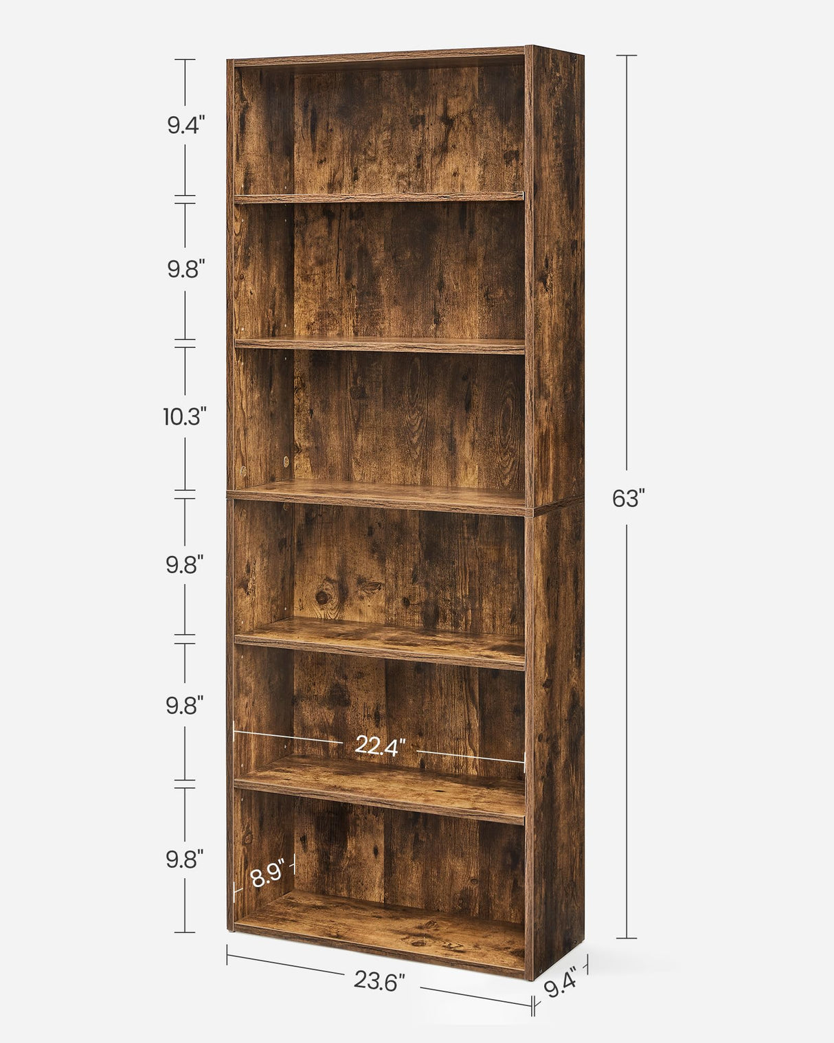 VASAGLE Rustic Brown 6-Tier Open Bookshelf with Adjustable Shelves and Anti-Tip Kit VASAGLE