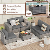 Poteban 6 Pieces Patio Furniture Set, Wide Arm Outdoor Patio Sectional Couch Set, All Weather Wicker Rattan Conversation Set w/Cushions and Glass Table and Waterproof Cover, Grey & Grey Poteban