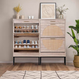 Nouva Rattan Shoe Cabinet - Freestanding Shoe Storage w/ 2 Flip Drawers & 1 Drawer, Narrow Shoe Organizer Rack for Entryway, Living Room Nouva