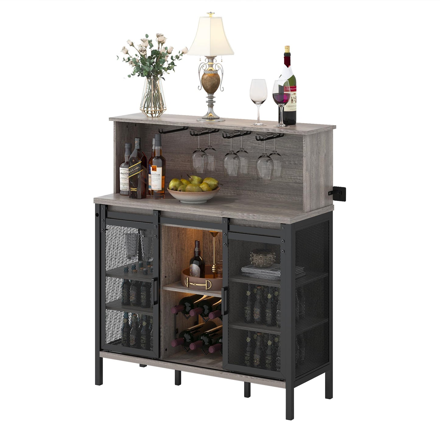 QNICE Coffee & Wine Bar Cabinet with Sliding Barn Door, Farmhouse Buffet Cabinet with Wine Rack & Glass Holder, Led Storage Cabinet for Kitchen Living Dining Room(Dark Rustic Oak)