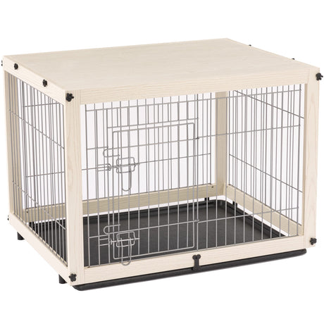 Dog Crate Furniture with Removable Top Cover, Wooden Crate with Tray, Dog Kennel Indoor for Medium/Large Dogs(White, 37.4" L*25.9W*25.8H) Furnipeture