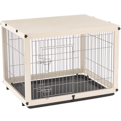 Dog Crate Furniture with Removable Top Cover, Wooden Crate with Tray, Dog Kennel Indoor for Medium/Large Dogs(White, 37.4" L*25.9W*25.8H)
