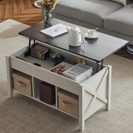 VINGLI Lift Top Coffee Table, Charcoal Top with White Frame, Farmhouse Cross-Sided Design, with Storage Shelf/Hidden Compartment, Gas Lift Mesa De Centro para Sala Pop Up Coffee Table VINGLI