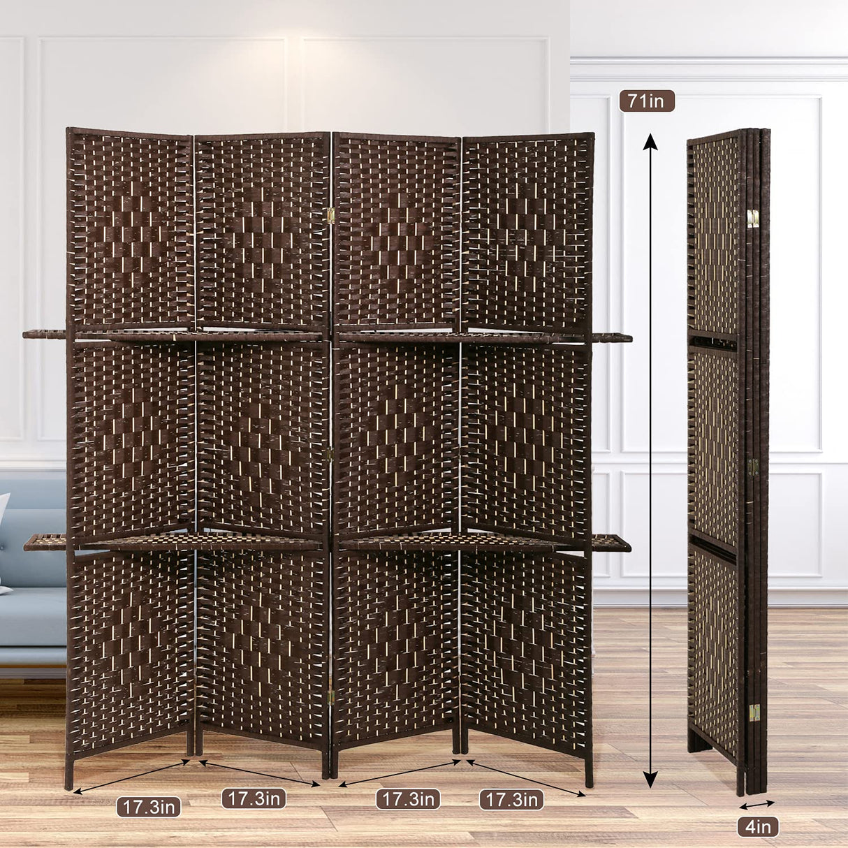 Room Dividers and Folding Privacy Screens 4 Panel 67 Inch Tall Portable Room Seperating Divider w/ 2 Display Shelves Solid Wood Room Partitions and Dividers Freestanding for Home, Office Dkeli