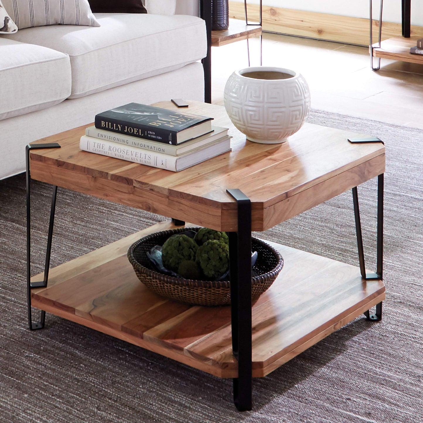 Alaterre Furniture Natural Ryegate Solid Wood with Metal Cube Coffee Table, AWCC1320, 28" - WoodArtSupply