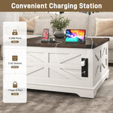 Hlivelood 36" Farmhouse Movable Lift Top Coffee Table with Storage and Power Outlets, Square Wood Living Room Tables with Wheels&Large Hidden Space, Lift Wooden Barn Door Center Table, White Hlivelood