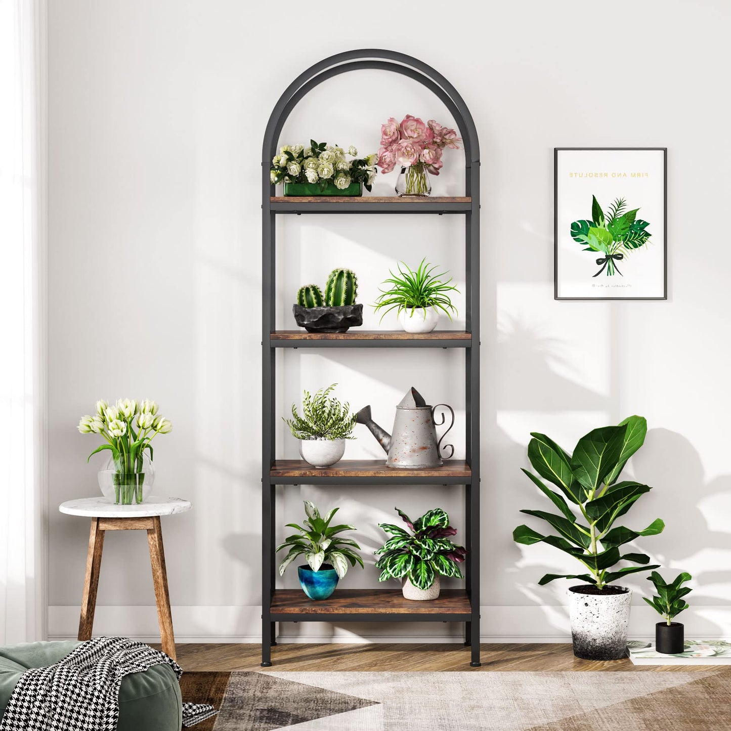 Tribesigns 4-Tier Industrial Arched Bookshelf in Rustic Brown - Freestanding Metal Frame Storage Rack - WoodArtSupply