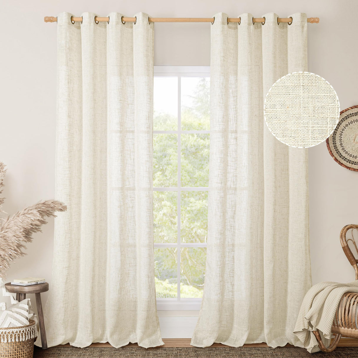 LAMIT Natural Ivory Linen Semi Sheer Curtains 84 inch Length, Cream Light Filtering Soft Thick Neutral Living Room Drapes with Bronze Grommet for Bedroom/Farmhouse, 2 Panels, 52 x 84 Inch LAMIT